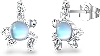Turtle Earrings Hypoallergenic 925 Sterling Silver Sea Turtle Earrings Stud Turquoise/Moonstone/Crystal/Waterweed Agate Turtle Earrings for Women Birthday Gift