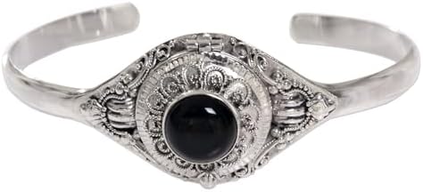 NOVICA Artisan Handmade Onyx Locket Cuff Bracelet Sterling Silver Indonesia [2.2 in L x 0.6 in W] ' Dark Door'