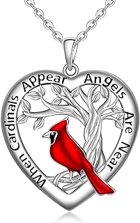 Sterling Silver Cardinal Heart Pendant Necklace with Cubic Zirconia Stones & Red Cardinal Women Necklace