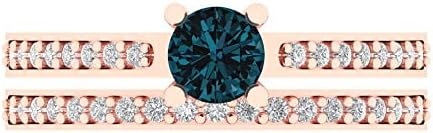 Clara Pucci 1.20ct Round Cut Solitaire Natural London Blue Topaz Engagement Promise Anniversary Bridal Ring Band set 18K Rose Gold