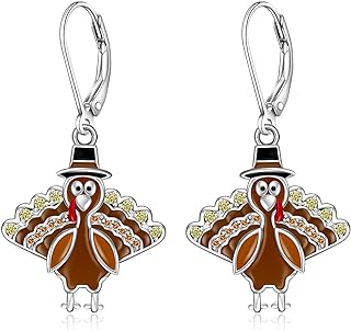 Thanksgiving Turkey Sterling Silver Earrings with Cubic Zirconia for Women, Dangle Design