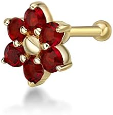 Lavari Jewelers 20 Gauge Opal, Amethyst, Red or Pink Swarovski Crystals 6 Petal Flower Straight Bone Nose Stud in 14k Yellow Gold 3.5 mm 20G