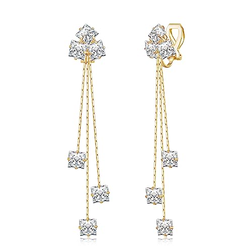 YOQUCOL Women Cubic Zirconia Crystal Long Drop Dangle Clip On Earrings For Not Pierced Gils