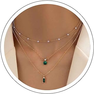 Boho Layered Pearl Crystal Necklace Emerald Pendant Necklace Gold Pearl Chain Necklace Green Emerald Choker Necklace Vintage Pearl Beaded Necklace Jewelry for Women and Girls