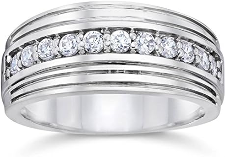 10k White Gold and Diamond Engraved Wedding Ring - Solid and High-Polished Band Design for Men - Round Cut, Size 6