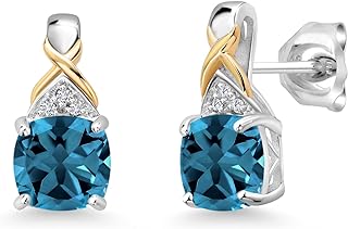Gem Stone King 925 Sterling Silver and 10K Yellow Gold 6MM Cushion Gemstone Birthstone and White Lab Grown Diamond Earrings For Women