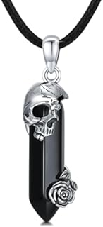 OHAYOO Gothic Crystal Skull Necklace with Leather Rope Chain in Sterling Silver for Women and Men - Rose Skull/Rib Cage Design