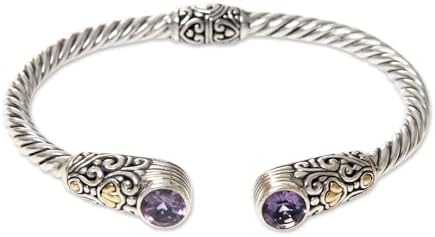 NOVICA Artisan Handmade Gold Accent Amethyst Cuff Bracelet 18k on Sterling Silver Purple Indonesia Birthstone Balinese Traditional [6.25 in L (end to End) x 0.3 in W] ' Sukawati Secret'