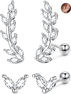 Sterling Silver White Gold Plated CZ Stud Push-back Cartilage Earrings for Women, Leaf Star Design, Hypoallergenic Jewelry Set for Sensitive Ears