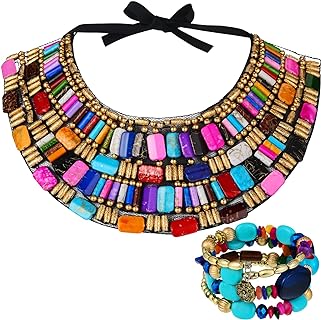 Bonuci 2 Pcs African Jewelry for Women African Chunky Choker Necklace Multicolour Bohemian Beads Necklace African Jewelry Sets Rainbow Chunky Layered Beaded Bib Necklace for Women Girls