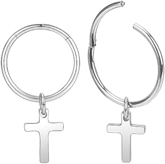 LovePiercing Cross Dangle Hoop Earrings Surgical Titanium Small Huggie Earrings Moverable Cross Drop Hypoallergenic Silver Earring| Classic Lightweight Cartilage Ear Clicker Earring for Women Men Girls