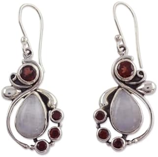 NOVICA Artisan Handmade Garnet Rainbow Moonstone Dangle Earrings with Sterling Silver Clear Red India Birthstone [1.7 in L x 0.4 in W] ' Exquisite'