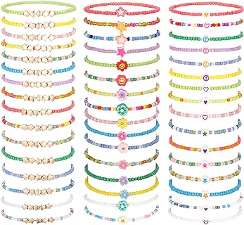48 Pcs Kids Friendship Bracelet Set,Colorful Adjustable Beaded Bracelets,Cute Stretch Preppy Bracelets,Stackable Clay Surfer Bracelets Set,Pretend Play Beaded Bracelets for Girls Women