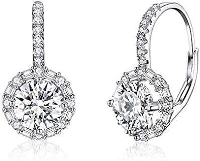 Cubic Zirconia Leverback Dangle Hoop Earrings for Women Girls 925 Sterling Silver Huggie Charm Round Halo CZ Drop Dangling Clip on Stud Earrings Dainty Wedding Jewelry Bridal Gift