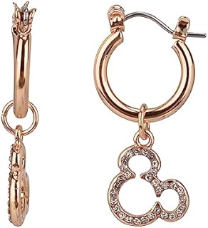 Disney Mickey Mouse Huggie Hoops with Mickey Drop, Jewelry Gift Box, Gold Tone Enamel and Pave Stone Accent, 1.5"" Drop