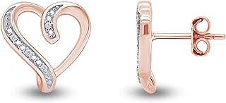 Diamond-Studded Heart Stud Earrings with Push-Back in 14K Rose Gold-Plated Sterling Silver