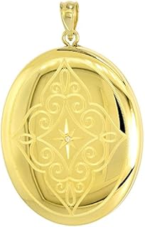 Large Oval Gold plated Sterling Silver Diamond Locket Necklace Etched Scrollwork 1 3/8 inch