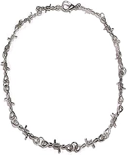Punk Barbed Wire Thorns Chunky Brambles Metal Link Chain Adjustable Necklace Safety Spur Duty Padlock Flame Necklace Cool Hiphop Rock Choker Jewelry for Women Men