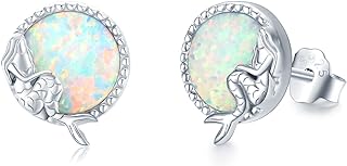 925 Sterling Silver Ocean Stud Earrings with Opal Gem and Push Back Design – Exquisite Mermaid-Themed Hypoallergenic Jewelry for Girls