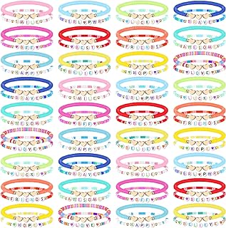 72 Pcs Children's Bead Chain Bracelets with Spring Ring Clasp - Friendship Bracelets for Girls - Colorful Stretch Letter Beads and Soft Pottery Hearts Design