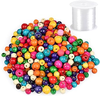 Colorful WOWOSS Wooden Beads Set for Jewelry Making, Mixed Round Shape Wood Beads, 1000 Pcs in Yellow, Blue, Green & Red with Elastic String Cord for Bracelets & Crafts