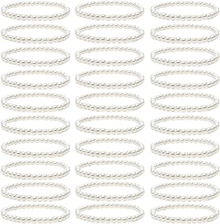 Elegant Set of 30 Faux White Pearl Bead Bracelets with Hematite Gem and Lobster Claw Clasp for Women
