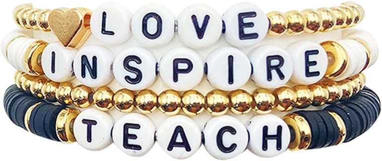 4 Pcs Teacher Bracelet Solf Clay Beaded Teacher Gifs for Women Teacher Accessories Love Teach Inspire Letter Appreciation Gifts for Teacher