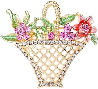 Flower Basket Brooch Pin Pink Flower Floral Basket Pin Broach Women Girls Dress Coat Pin Crystal Basket with Flower Lapel Pin Wedding Ceremony Decors Valentine's Day Gift
