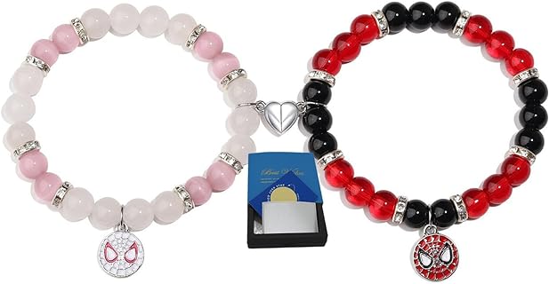Spiderman Beaded Stretch Bracelet with Created Garnet Accents for Best Friends or Couples - Heart Locket Design