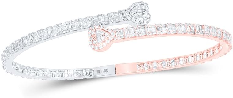 Dazzlingrock Collection 10kt Two-tone Gold Womens Baguette Diamond Heart Cuff Bangle Bracelet 2-5/8 Cttw