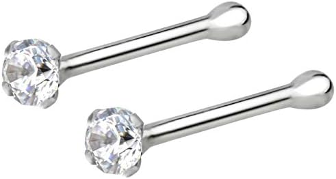 Forbidden Body Jewelry 22G Nose Rings Studs w/ 1.5mm Crystal - 1 or 2 Pcs 7mm Sterling Silver Nose Piercing Jewelry, l Shaped Nose Rings Women & Men - CZ Simulated Diamond, Small Nose Studs Women