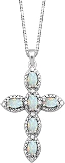 Jewelili Cross Pendant Necklace in Sterling Silver with Oval Shape Created Opal or Created Ruby or Created Pink Sapphire and Round Created White Sapphire, 18” Box Chain