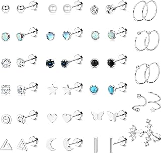 Stainless Steel Flat-Backed Stud Earring Collection - 23 Pair Set with Hypoallergenic Push Back for Men and Women ft. Cubic Zirconia
