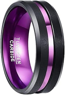 NUNCAD 8mm Tungsten Carbide Men & Women's Black and Purple Wedding Rings with Matte Finish and Beveled Edges
