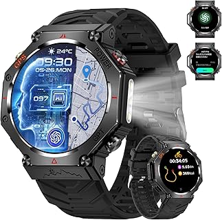 OMMQスマートウォッチは、AI搭載のGPS内蔵で1.39インチ大画面、防水耐衝撃性と懐中電灯付き。スポーツやアウトドアに最適。