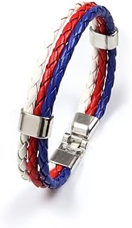 Patriotic Woven Leather Bracelet with Stainless Steel Rope Chain and Anchor Clasp - Unisex National Flag Design