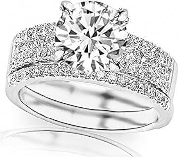 14K White Gold 1.25 Carat LAB GROWN DIAMOND Three Row Prong And Middle Row Channel Set Round Diamonds Engagement Ring and Wedding Band Set (G-H Color VS1-VS2 Clarity 0.75 Ct Center)