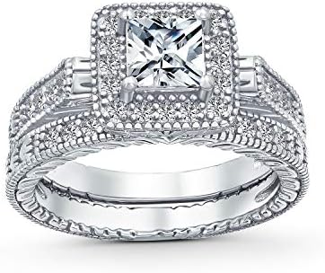 Art Deco Vintage Style 1CT Square Simulated Blue Sapphire Solitaire Cubic Zirconia Brilliant Princess Cut Halo AAA CZ Pave Anniversary Engagement Wedding Band Ring Set Rose Gold .925 Sterling Silver