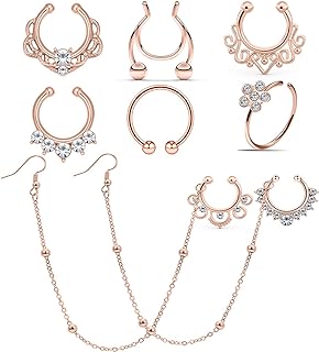 Versatile Crystal-Studded Stainless Steel Clip-On Septum to Ear Chain Ring for Men & Women- Silver & Rose Gold, Non-Piercing Edgy Design