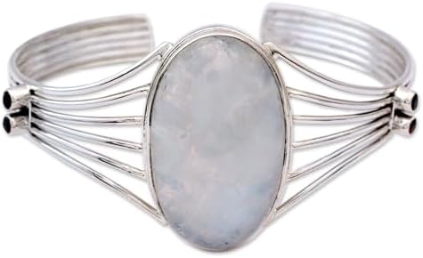 NOVICA Artisan Handmade Rainbow Moonstone Cuff Bracelet Modern Sterling Silver Garnet Clear Red India Birthstone [6 in L (end to End) x 1.3 in W] ' Rainbow Mist'
