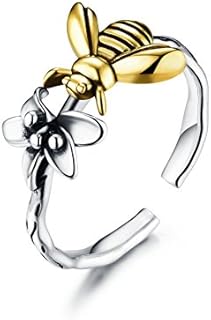 Cute Bee Open Statement Ring 925 Sterling Silver Adjustable Open Lovely Honeybee Antique Eternity Promise Engagement Rings Toe Band Finger Bands Dainty Jewelry Gift for Women Girls