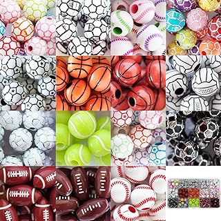 15 Styles Sports Beads Football Baseball Basketball Tennis Volleyball Soccer with 1 Roll of Elastic Rope and a Plastic Box for DIY Bracelet Necklace Making