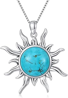 Sun Turquoise Pendant Necklace, 925 Sterling Silver Genuine Gemstones Western Jewelry Gift for Women