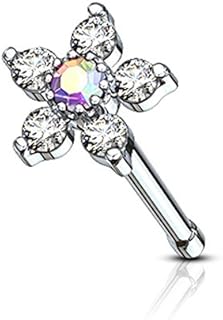 Flower Nose Ring with Cubic-Zirconia in Stainless Steel | Forbidden Body Jewelry 20G 6-CZ Floral Top Nose Stud | Dazzling Two-Tone Options