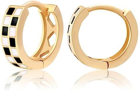 18k Gold Filled Checkered Hoop Earrings,Enamel Small Hoops Earrings For Women Hypoallergenic Earrings
