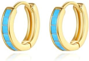 Blue Turquoise Hoop Earrings for Women Girls 14K Gold Plated Small Huggie Hoops 12mm Cartilage Earrings Hypoallergenic Simple Ear Jewelry Lightweight