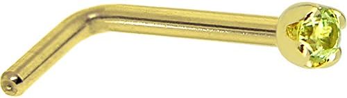 Body Candy 14k Yellow Gold Genuine Peridot L-Shaped Nose Ring for Stylish Individuals with Subtle Elegant Design