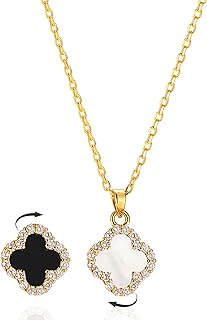 2 Side Crystal Clover Necklace for Women 18K Gold Plated Stainless Steel Four Leaf Lucky Pendant Black & White Cubic Zirconia Jewelry for Mother and Daughter