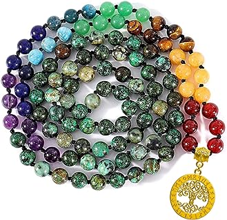 Bivei 108 Mala Beads Necklace Tree of Life 7 Chakra Wrap Bracelet Real Healing Gemstone Yoga Meditation Hand Knotted Mala Prayer Bead Necklace