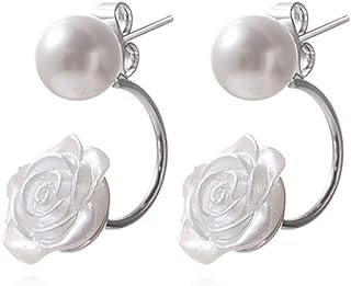 Reffeer Solid 925 Sterling Silver Pearl Jacket Cuff Earrings Wraps for Women Girls Pearl Front Back Stud Earrings
